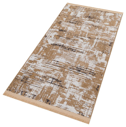 Distressed Gold Ivory Abstract Cotton Rug – Washable Boho Area Carpet