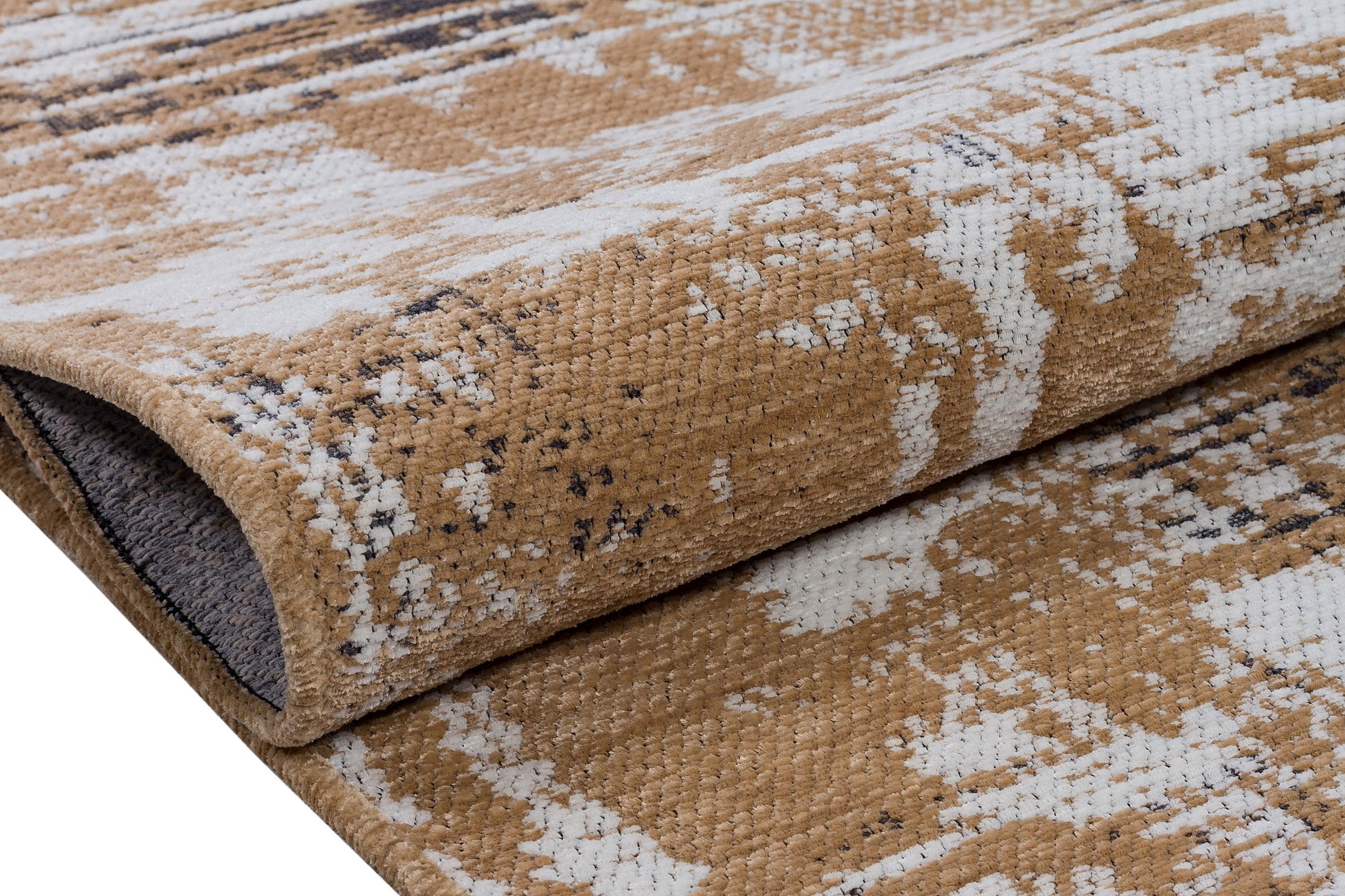 Distressed Gold Ivory Abstract Cotton Rug – Washable Boho Area Carpet