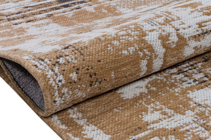 Distressed Gold Ivory Abstract Cotton Rug – Washable Boho Area Carpet
