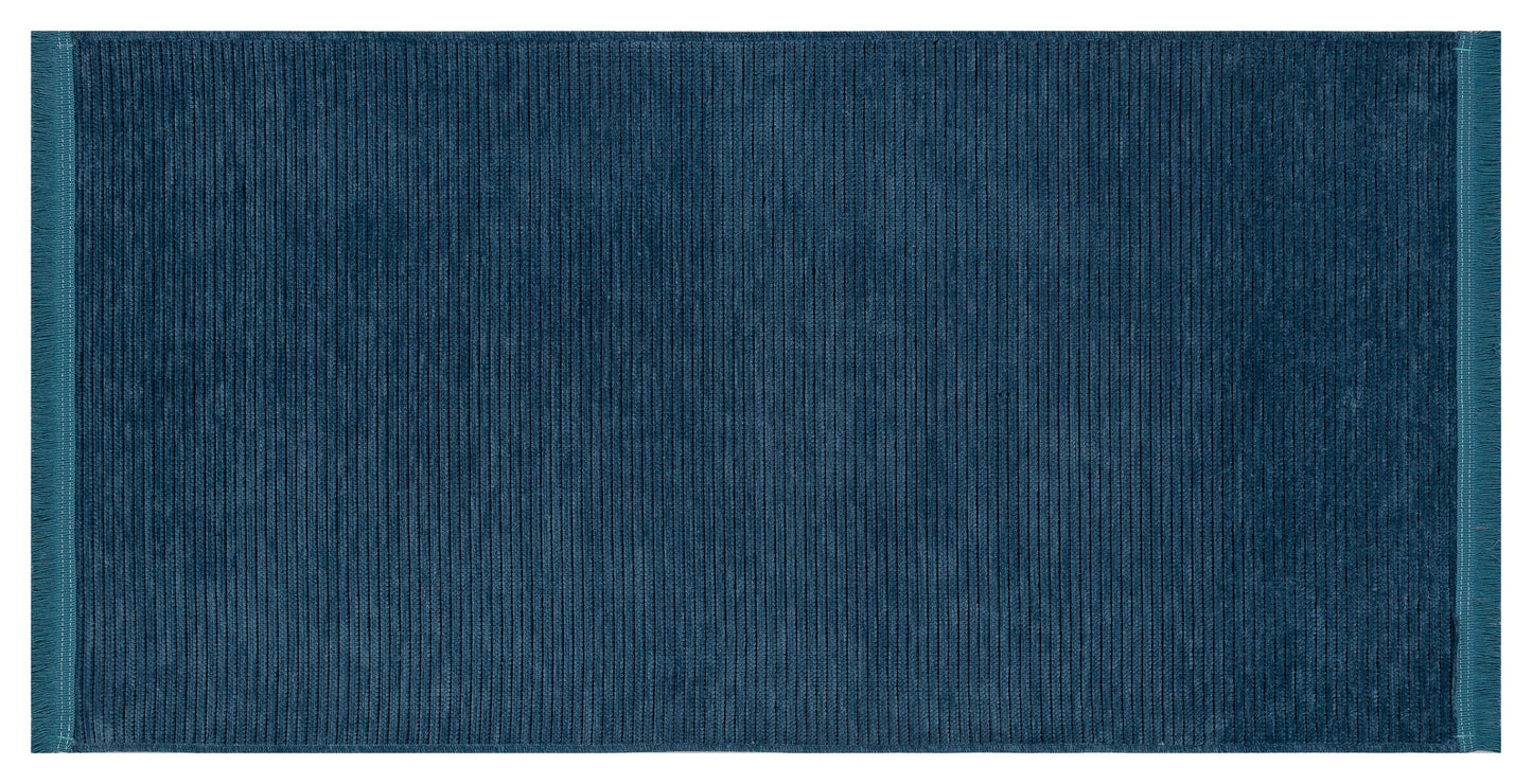 Teal Blue Ribbed Area Rug – Machine Washable, Low Pile Cotton Carpet (Boho Living Room)