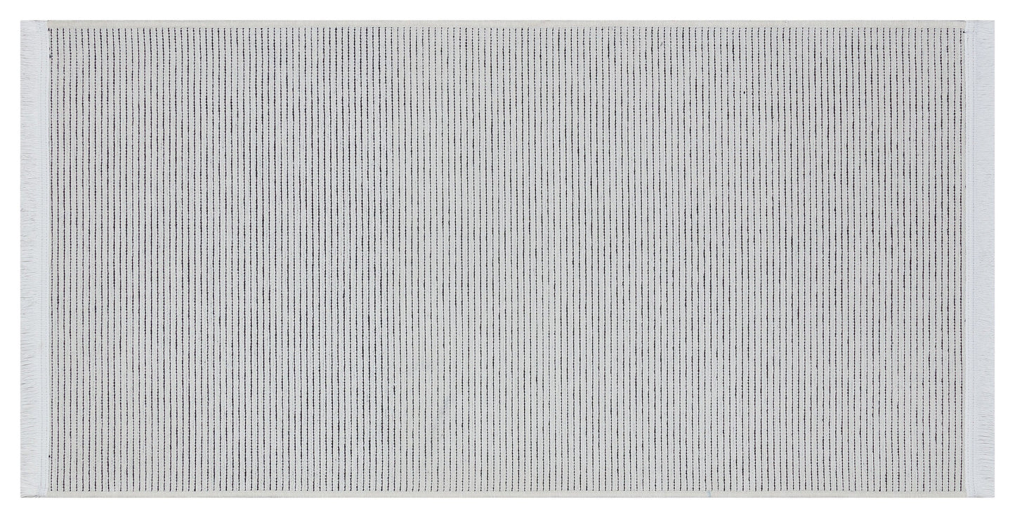 Modern Striped Area Rug – Light Gray, Black Fringe Cotton Carpet