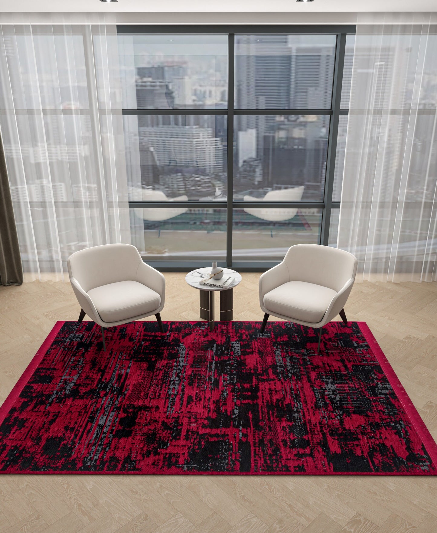 Abstract Red Black Runner Rug – Distressed Washable Hallway, Kitchen Carpet