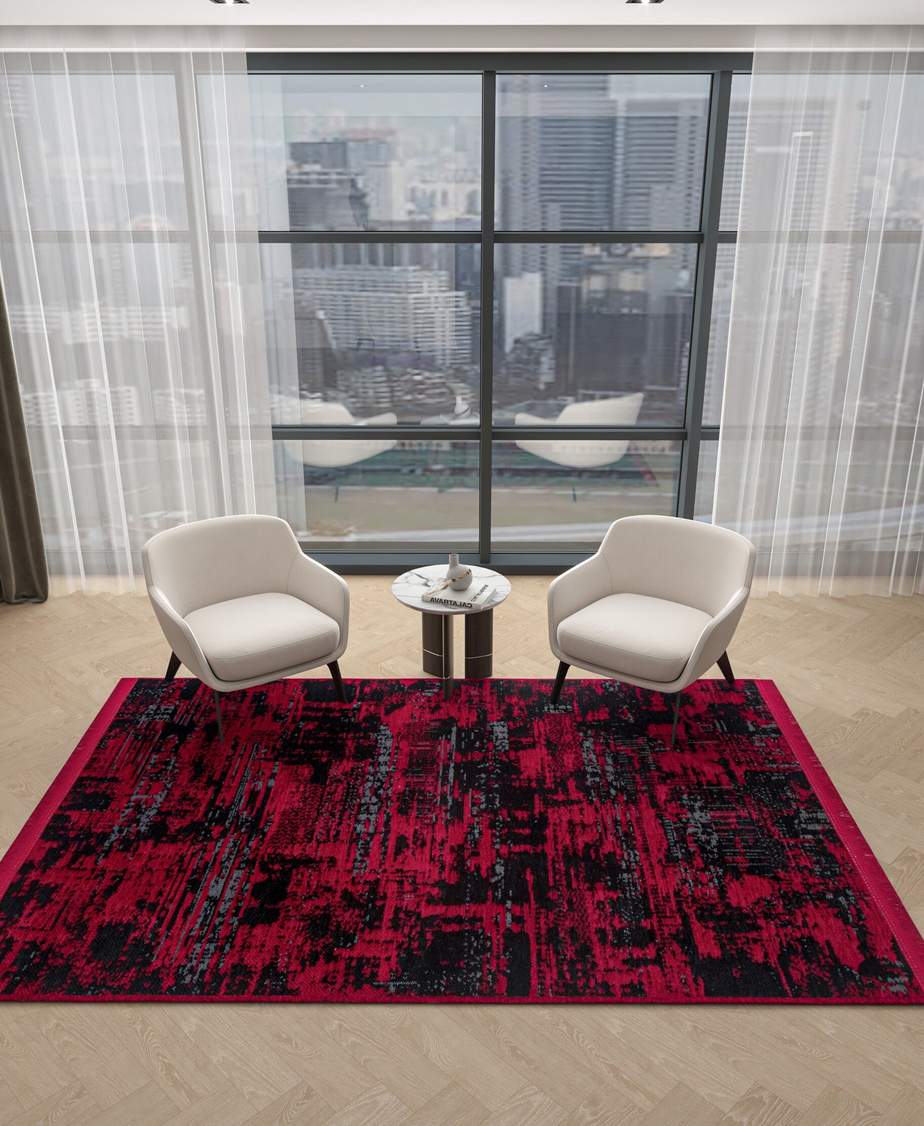 Abstract Red Black Runner Rug – Distressed Washable Hallway, Kitchen Carpet