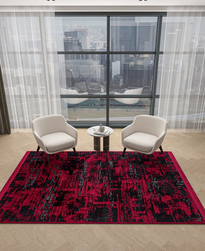 Abstract Red Black Runner Rug – Distressed Washable Hallway, Kitchen Carpet