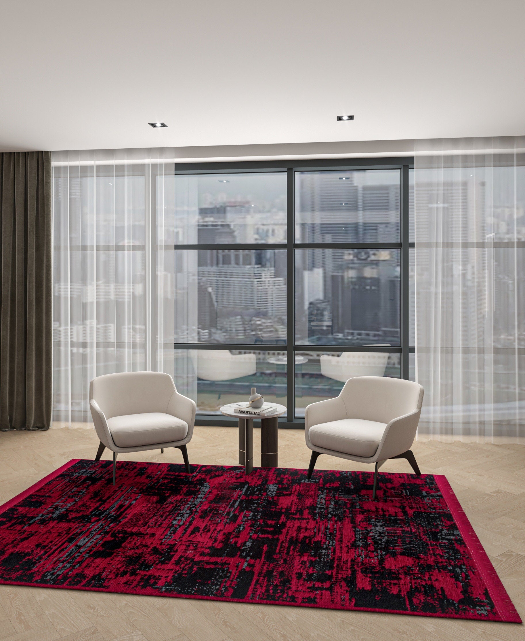 Abstract Red Black Runner Rug – Distressed Washable Hallway, Kitchen Carpet
