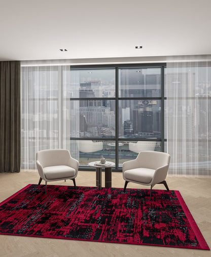 Abstract Red Black Runner Rug – Distressed Washable Hallway, Kitchen Carpet