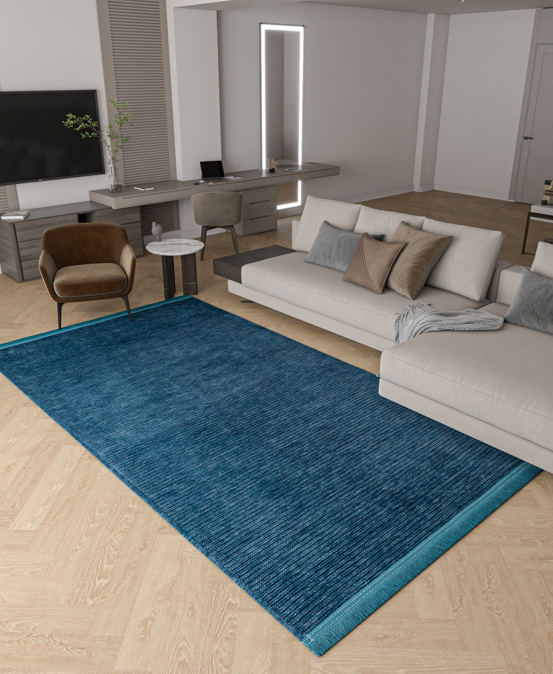 Teal Blue Ribbed Area Rug – Machine Washable, Low Pile Cotton Carpet (Boho Living Room)