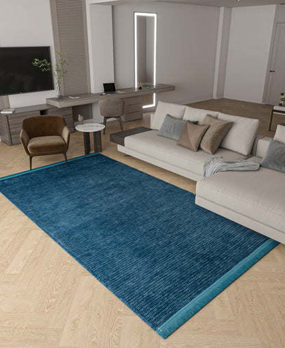 Teal Blue Ribbed Area Rug – Machine Washable, Low Pile Cotton Carpet (Boho Living Room)
