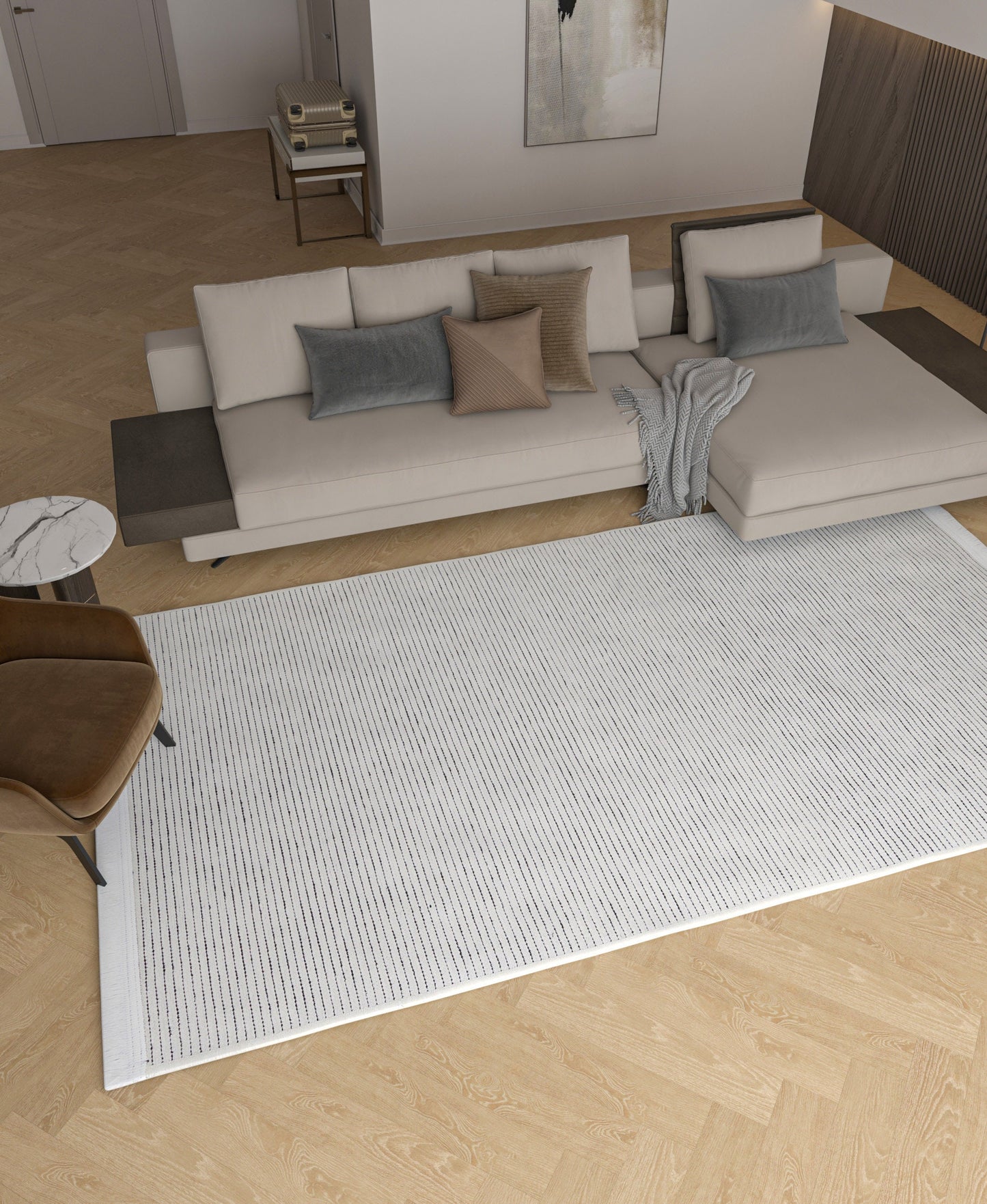 Modern Striped Area Rug – Light Gray, Black Fringe Cotton Carpet