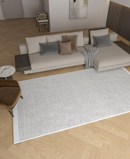 Modern Striped Area Rug – Light Gray, Black Fringe Cotton Carpet