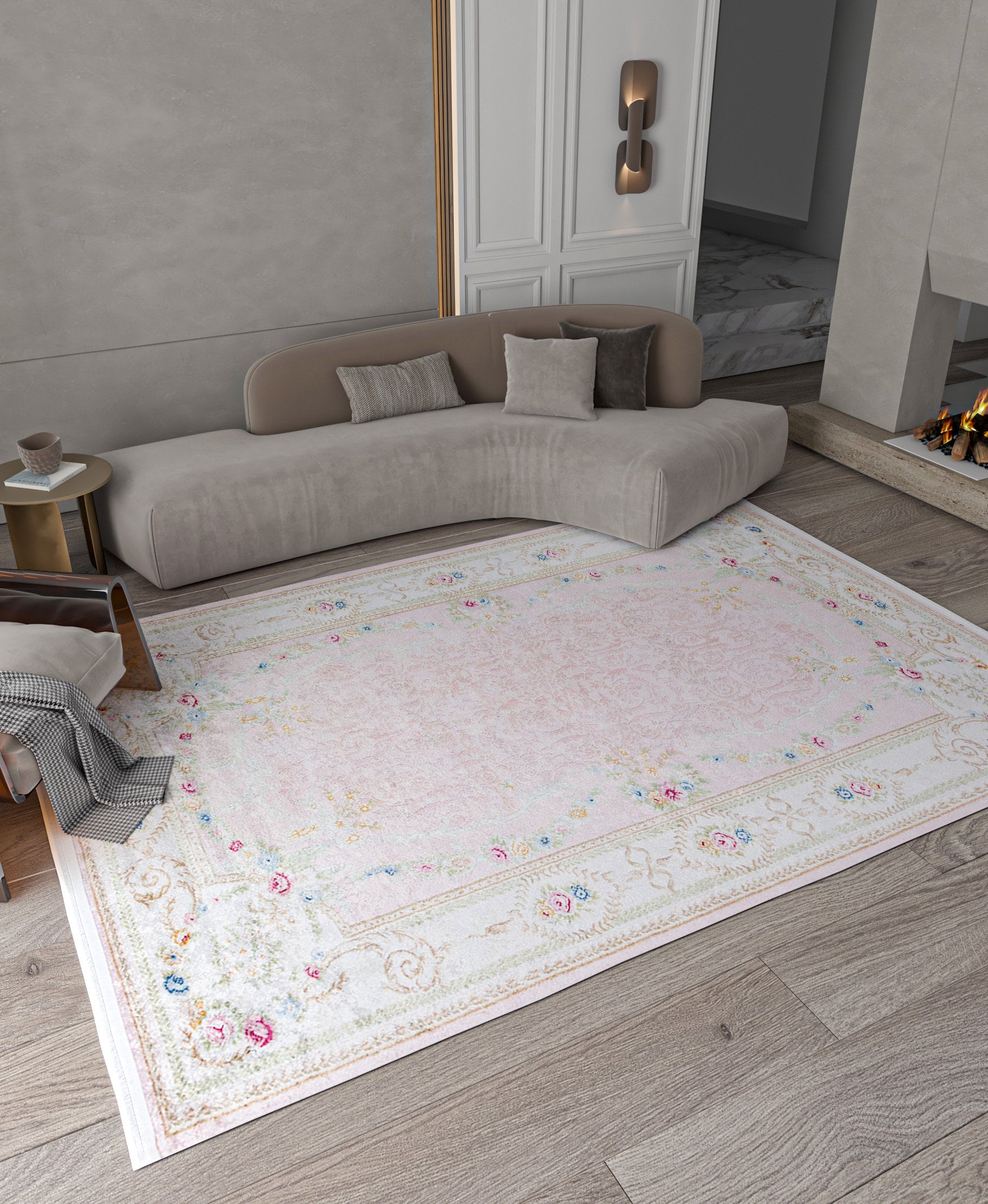 Charming Washable Pink Rug: Vintage Floral Design for a Cozy Home