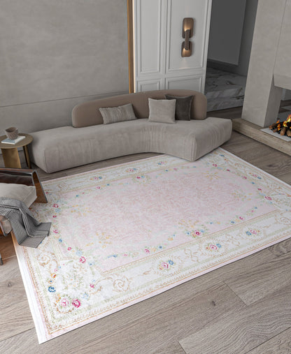Charming Washable Pink Rug: Vintage Floral Design for a Cozy Home