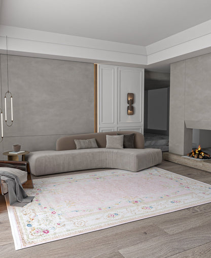 Charming Washable Pink Rug: Vintage Floral Design for a Cozy Home