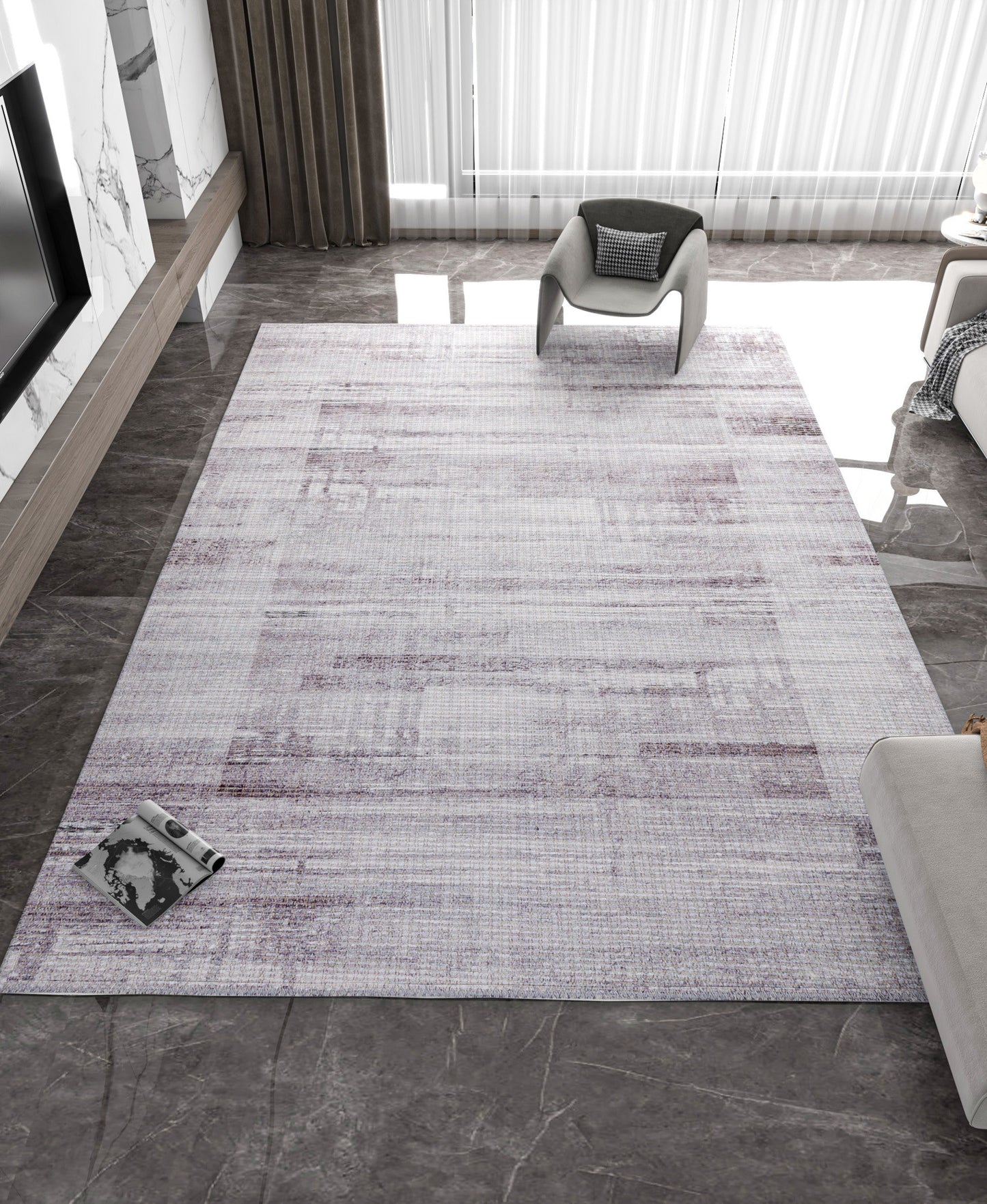 Washable Modern Abstract Area Rug – Distressed Gray Textured Carpet