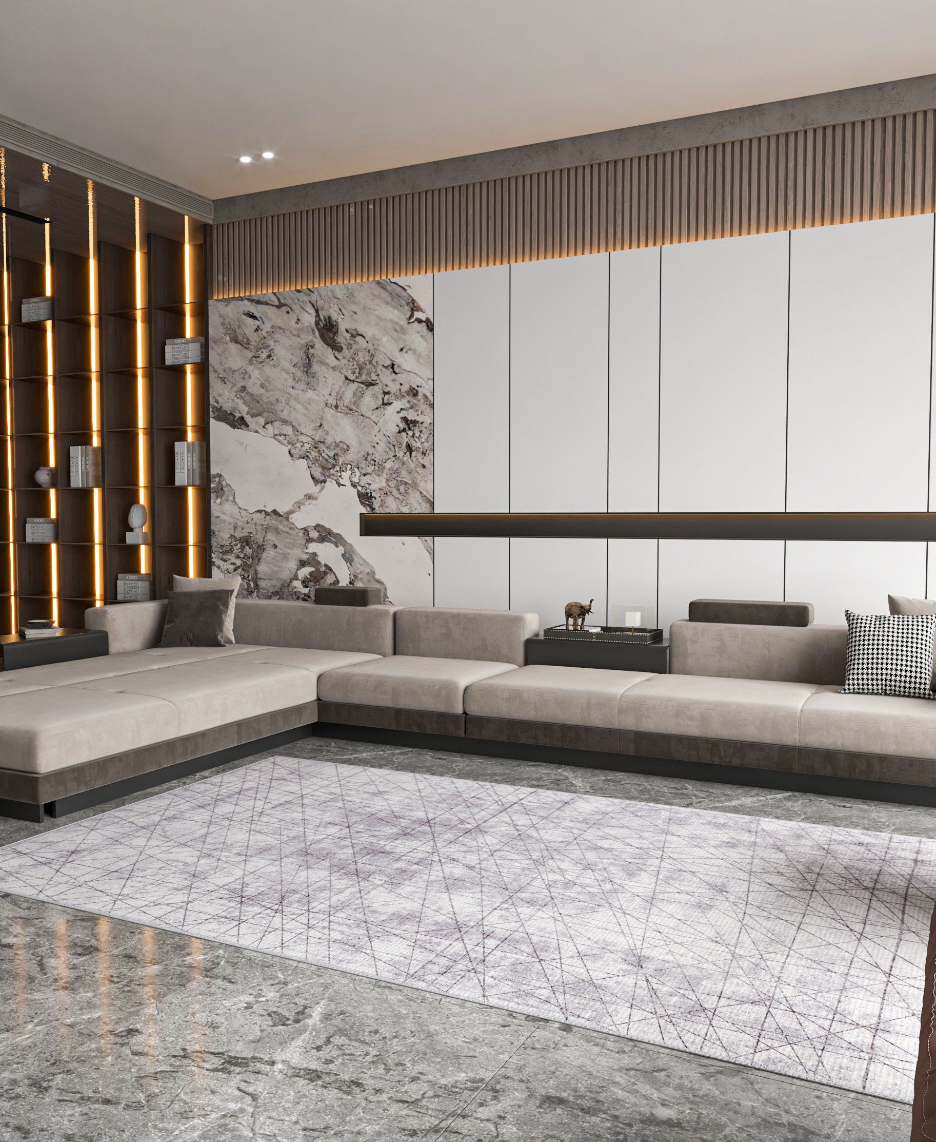 Abstract Line Area Rug, Minimalist Gray Geometric Carpet, Scandinavian Living Room Floor Rug