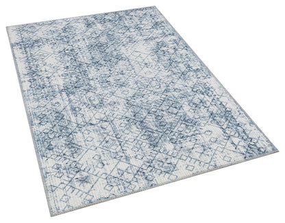 Distressed Blue Boho Area Rug, Washable Vintage Farmhouse Carpet