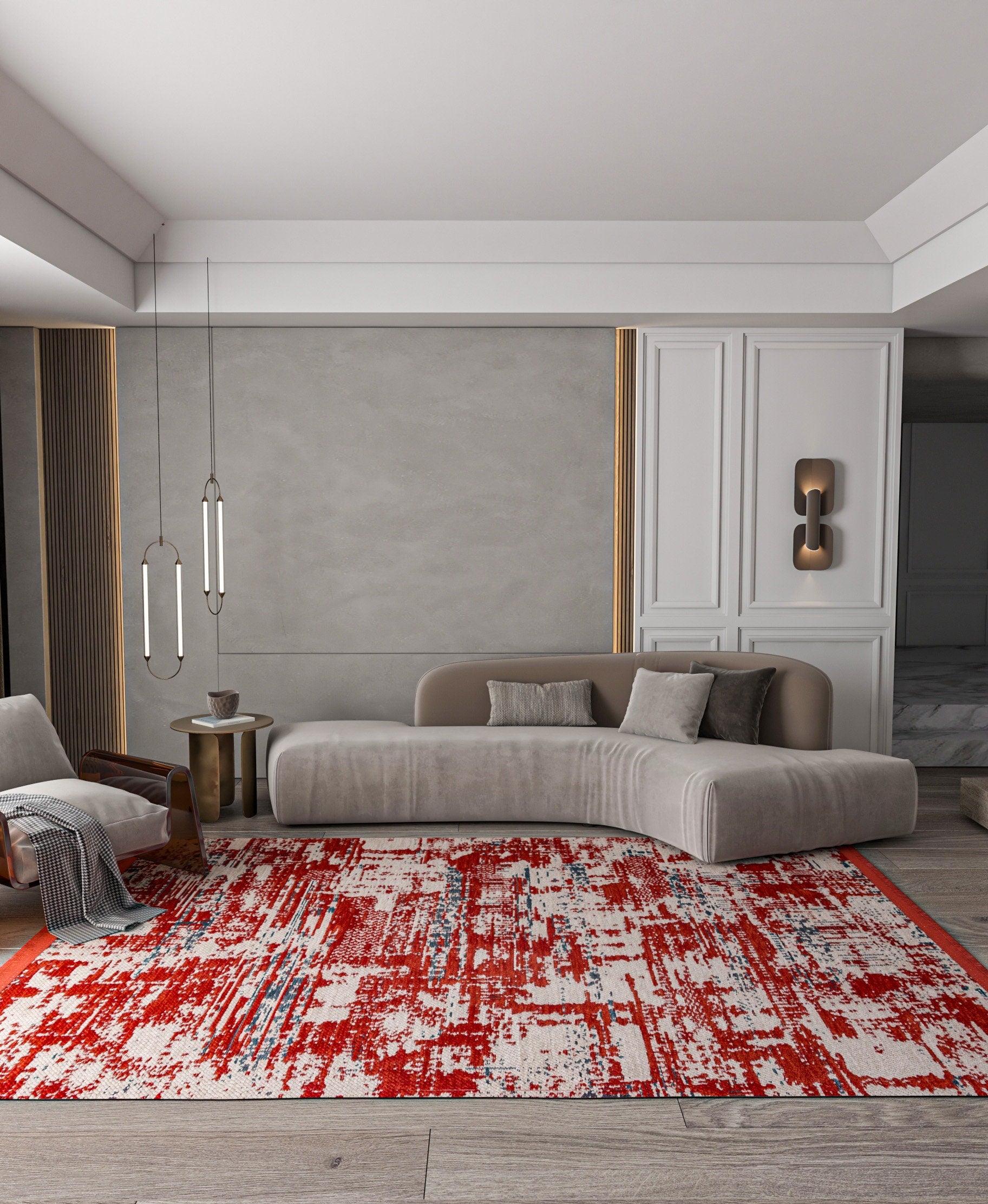 Red Abstract Washable Area Rug – Modern Contemporary Non Slip Living Room Carpet