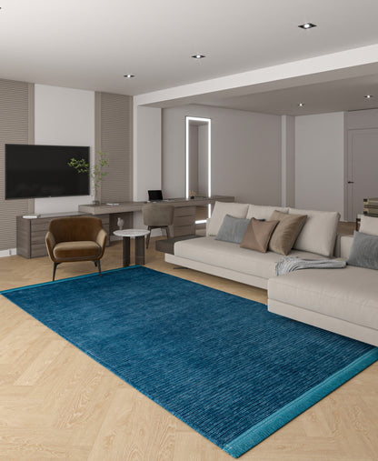 Teal Blue Ribbed Area Rug – Machine Washable, Low Pile Cotton Carpet (Boho Living Room)