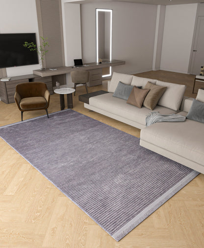 Grey Ribbed Area Rug – Modern Low-Pile Cotton Carpet, Washable, Pet Friendly