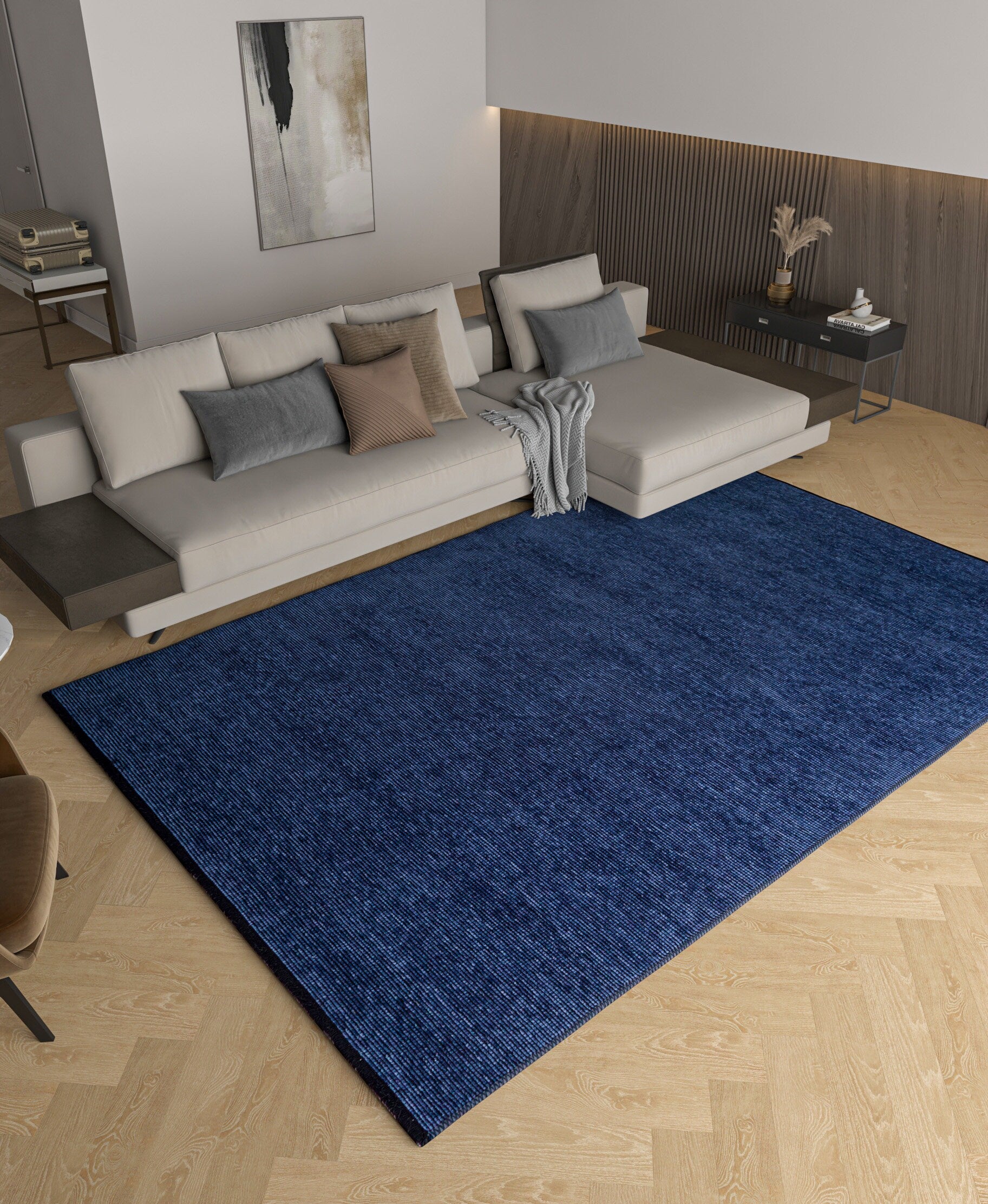 Blue Cotton Turkish Rug, Modern Washable Carpet