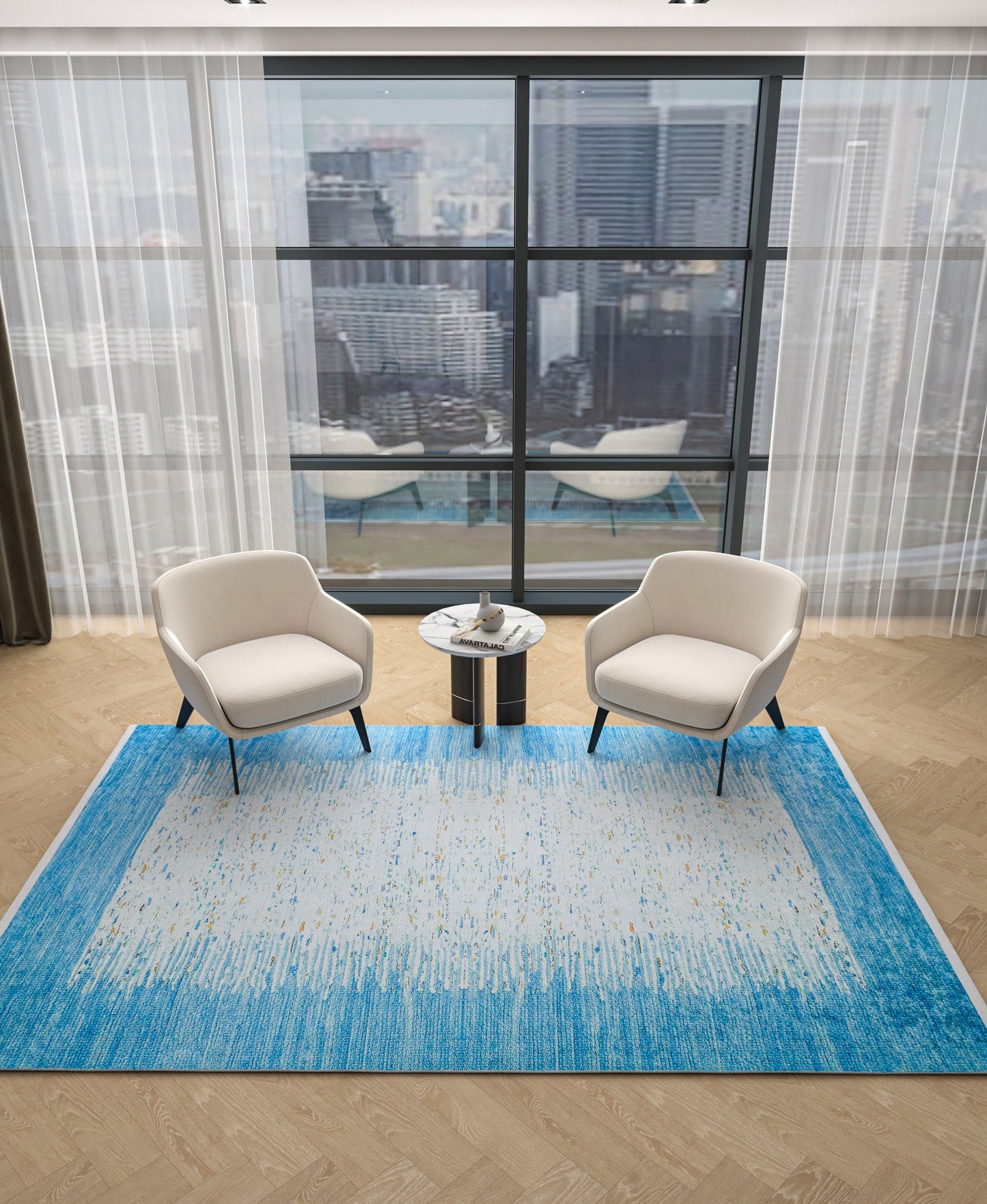 Blue Abstract Area Rug, Modern Minimalist Scandinavian Carpet, Soft Living Room Floor Rug