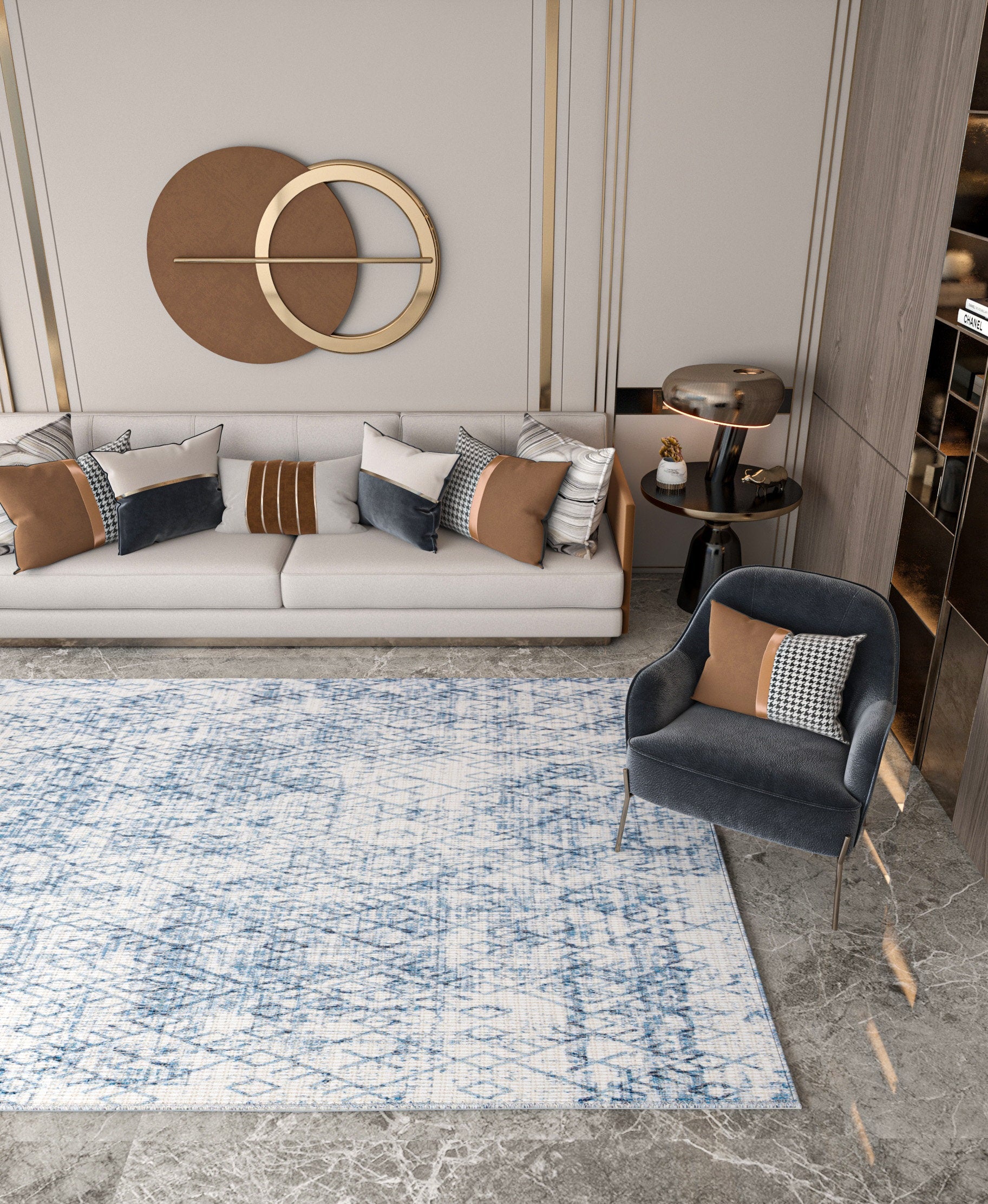 Distressed Blue Boho Area Rug, Washable Vintage Farmhouse Carpet