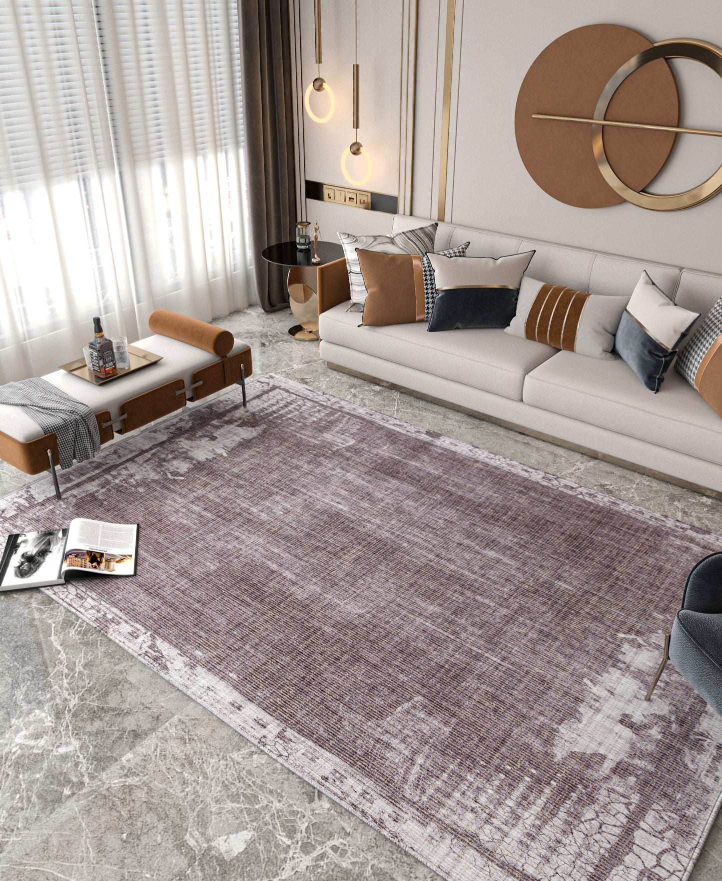 Distressed Abstract Area Rug – Muted Plum, Charcoal Grey, Low Pile Carpet