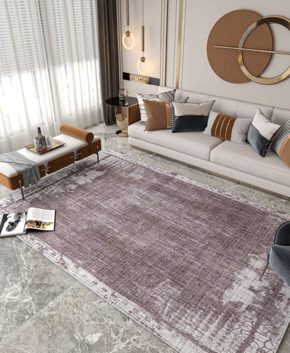 Distressed Abstract Area Rug – Muted Plum, Charcoal Grey, Low Pile Carpet
