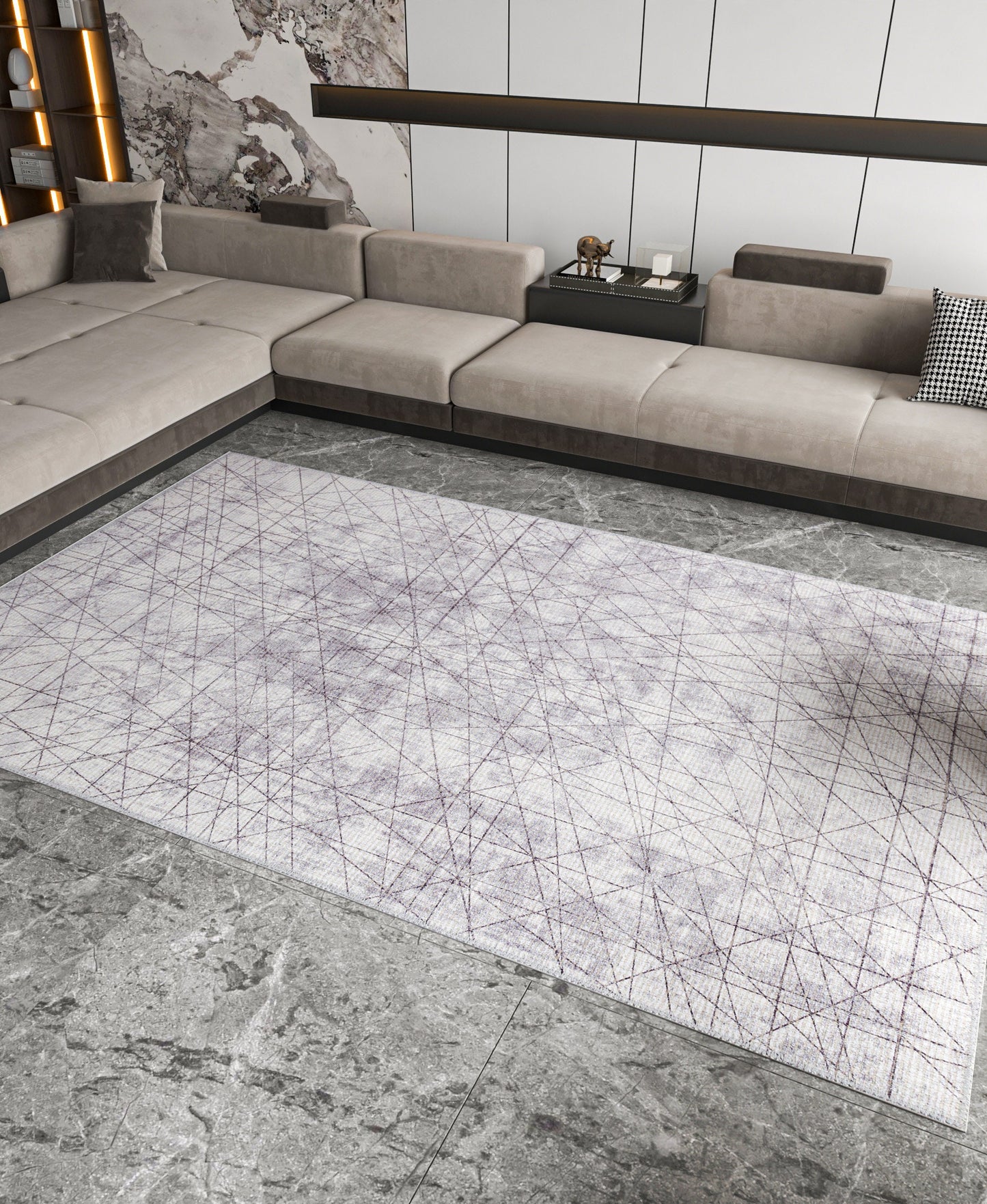 Abstract Line Area Rug, Minimalist Gray Geometric Carpet, Scandinavian Living Room Floor Rug
