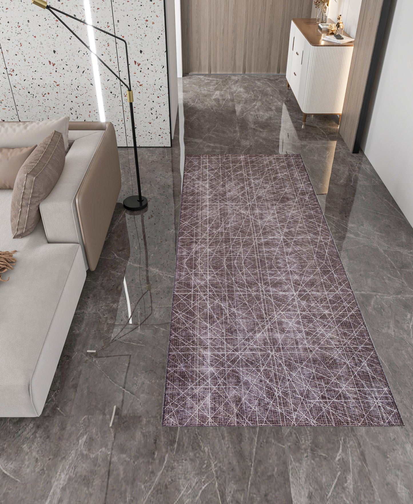 Modern Geometric Runner Rug | Charcoal White Line Art Hallway Mat