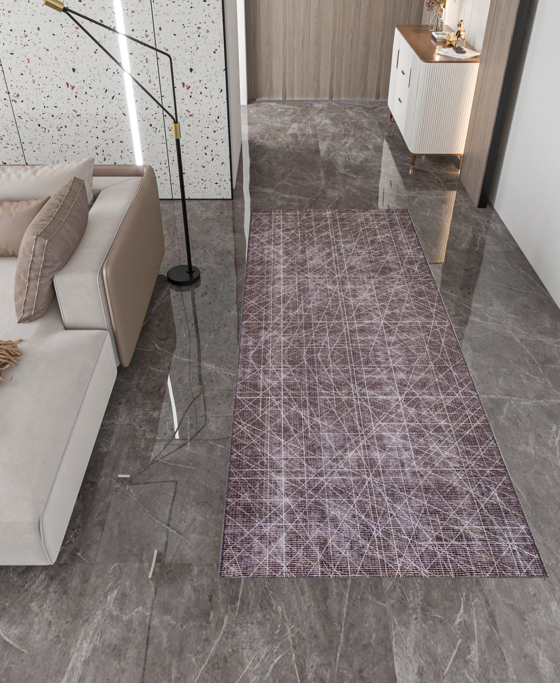 Modern Geometric Runner Rug | Charcoal White Line Art Hallway Mat