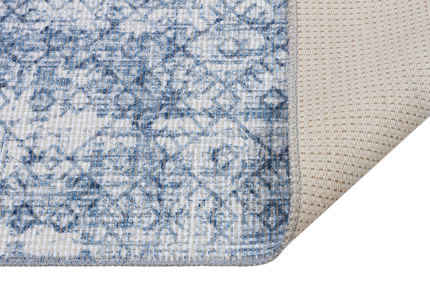 Distressed Blue Boho Area Rug, Washable Vintage Farmhouse Carpet