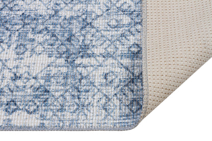 Distressed Blue Boho Area Rug, Washable Vintage Farmhouse Carpet