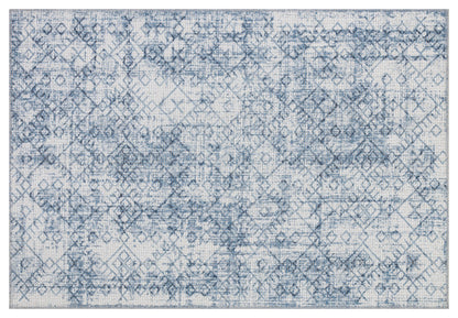 Distressed Blue Boho Area Rug, Washable Vintage Farmhouse Carpet
