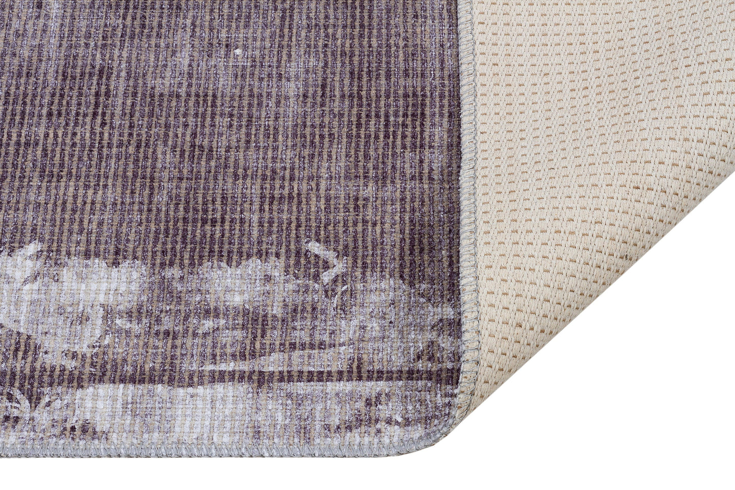 Distressed Abstract Area Rug – Muted Plum, Charcoal Grey, Low Pile Carpet
