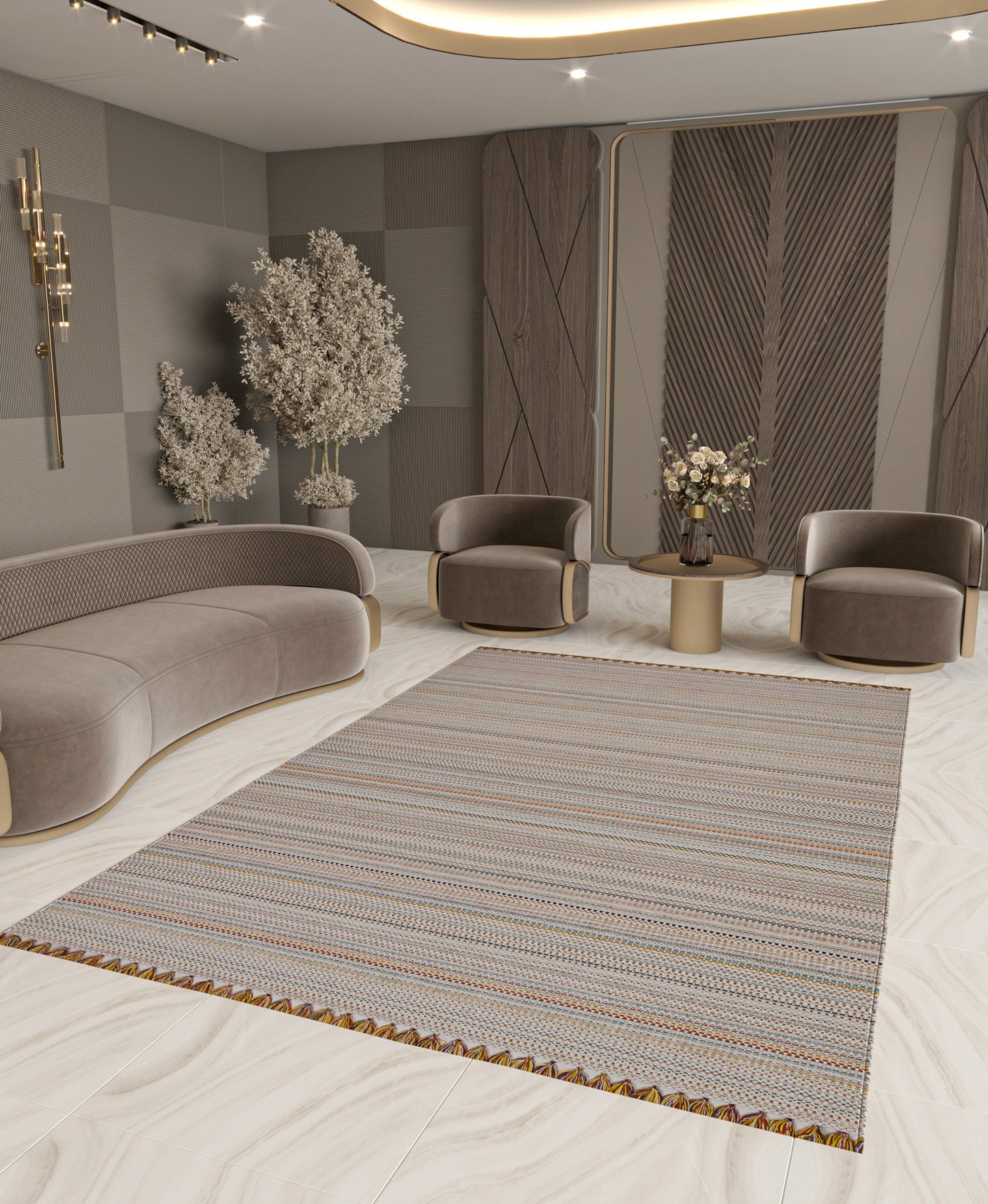 Striped Scandinavian Rug – Neutral Nordic Boho Living Room Carpet