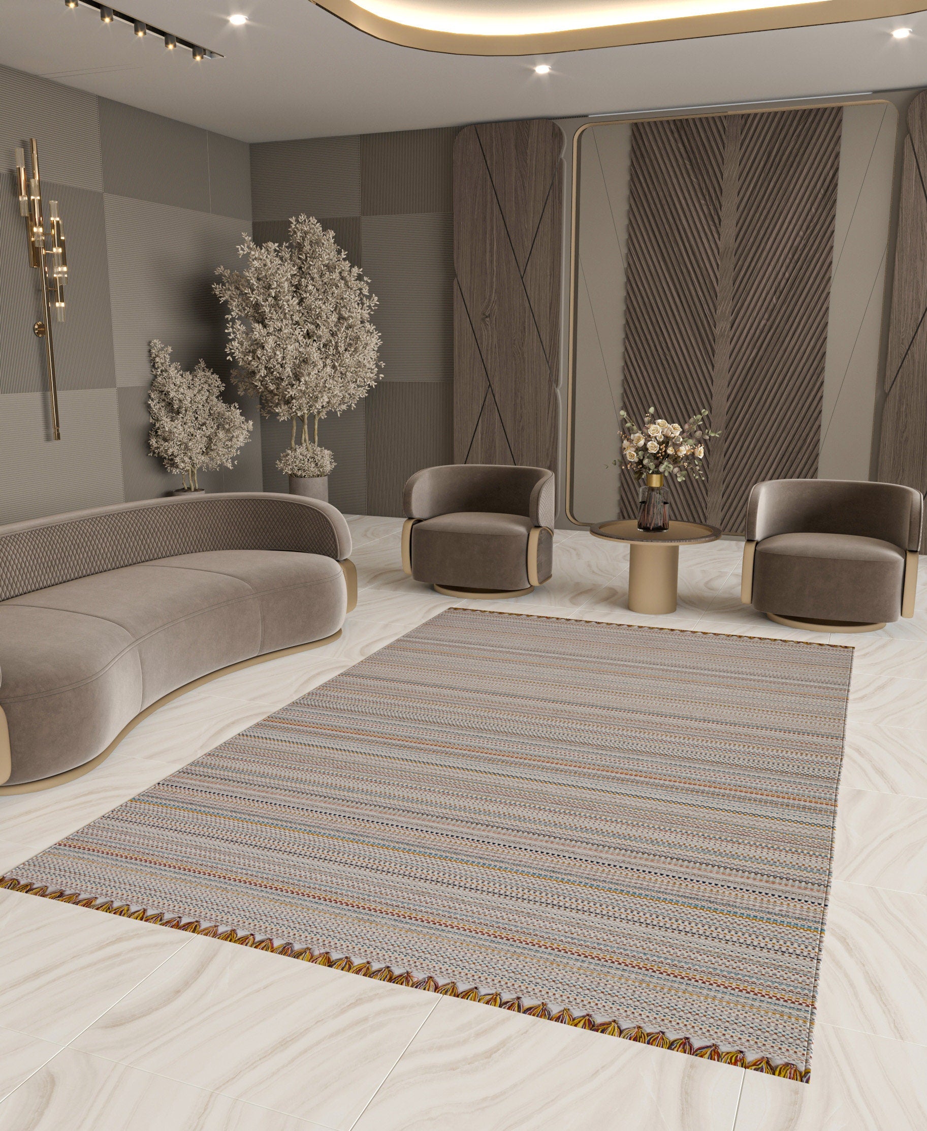 Striped Scandinavian Rug – Neutral Nordic Boho Living Room Carpet