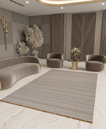 Striped Scandinavian Rug – Neutral Nordic Boho Living Room Carpet