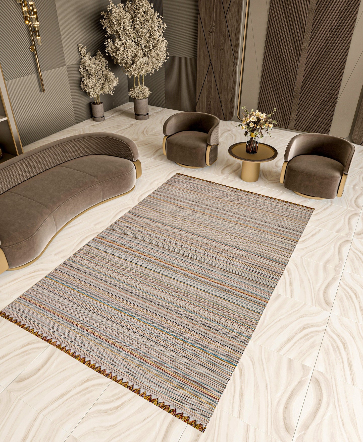 Striped Scandinavian Rug – Neutral Nordic Boho Living Room Carpet