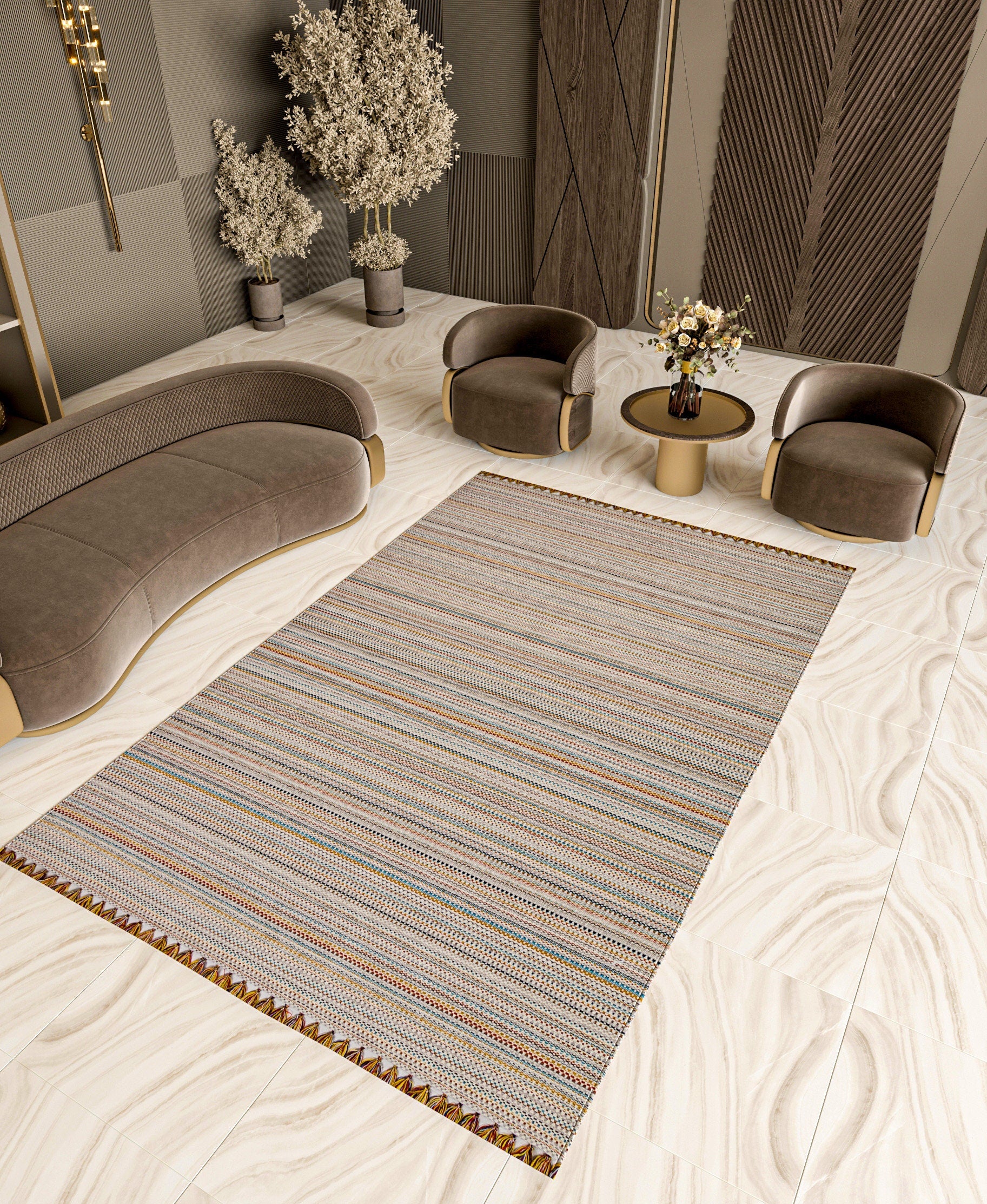 Striped Scandinavian Rug – Neutral Nordic Boho Living Room Carpet