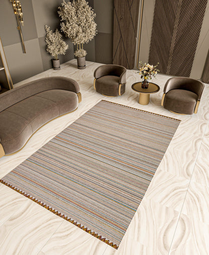 Striped Scandinavian Rug – Neutral Nordic Boho Living Room Carpet