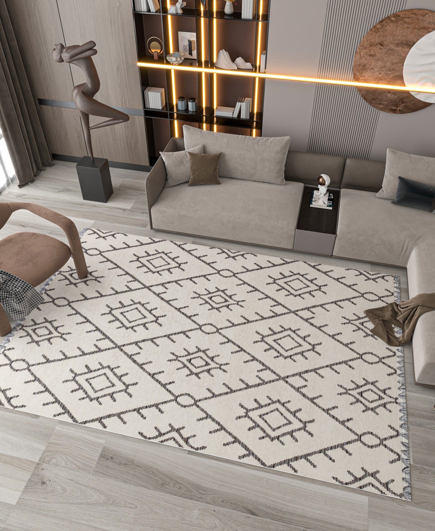 Washable Chenille Area Rug, Neutral Boho Geometric Tribal Carpet, Farmhouse Living Room Décor