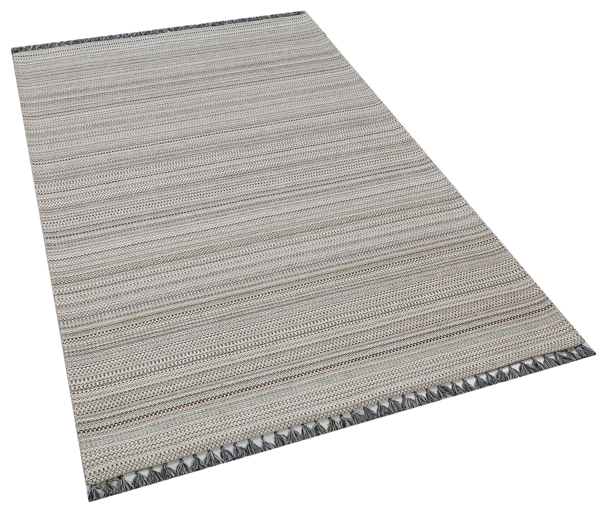 Striped Scandinavian Rug – Modern Nordic Area Rug with Fringe, Neutral Minimalist Living Room Carpet