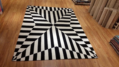 Hand Tufted Custom Rug: Black & White Viscose, Geometric Design