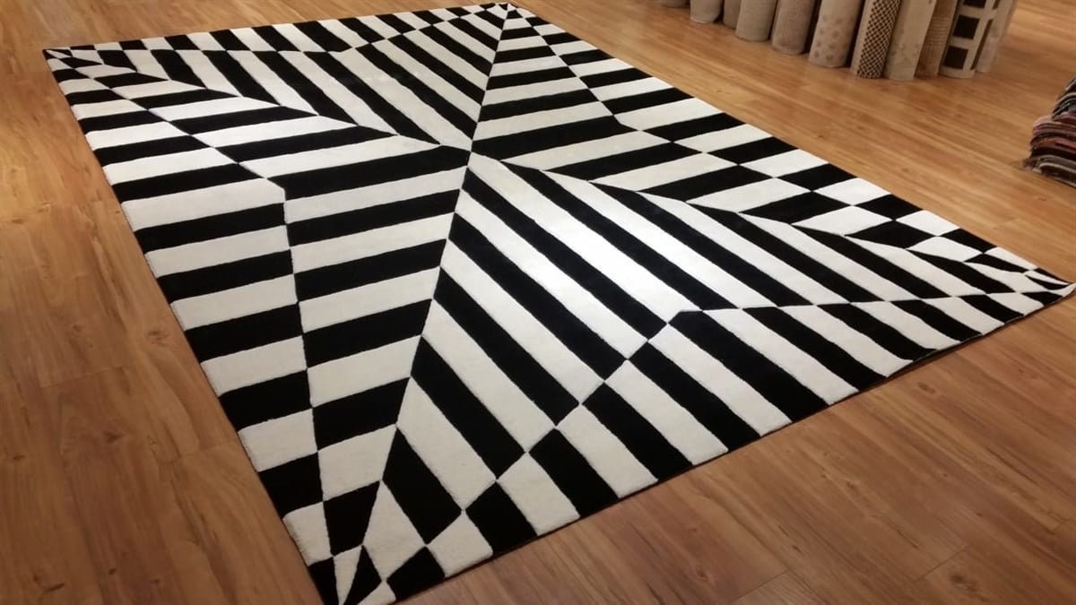 Hand Tufted Custom Rug: Black & White Viscose, Geometric Design