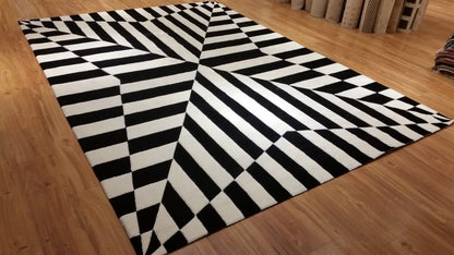 Hand Tufted Custom Rug: Black & White Viscose, Geometric Design