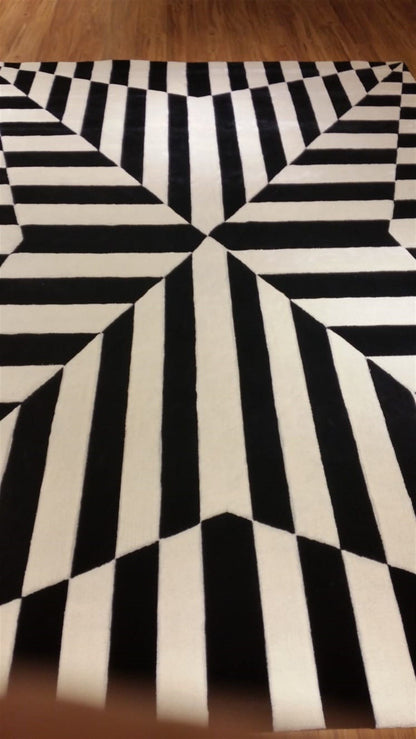 Hand Tufted Custom Rug: Black & White Viscose, Geometric Design