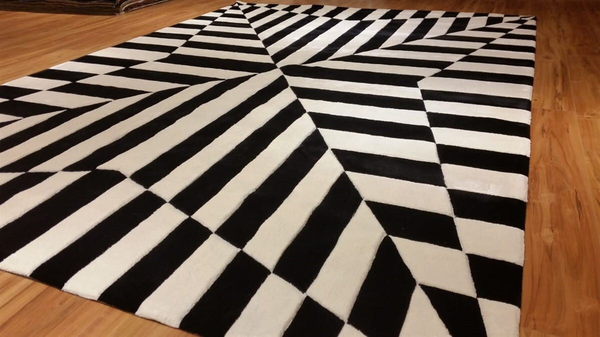 Hand Tufted Custom Rug: Black & White Viscose, Geometric Design