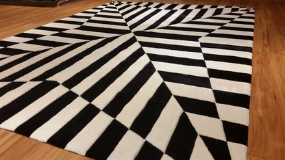 Hand Tufted Custom Rug: Black & White Viscose, Geometric Design