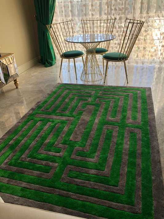 Custom Hand-Tufted Viscose Rug: Contemporary Green Maze Design